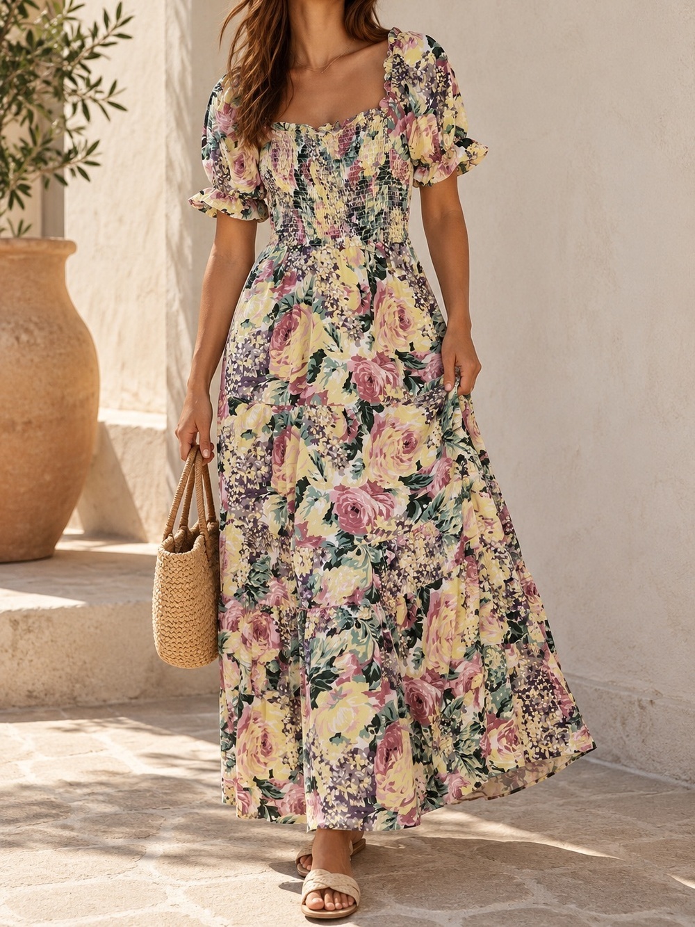 Sunday Up Floral Smocked Top Puff Sleeve Ruffle Tiered Maxi Summer Dress